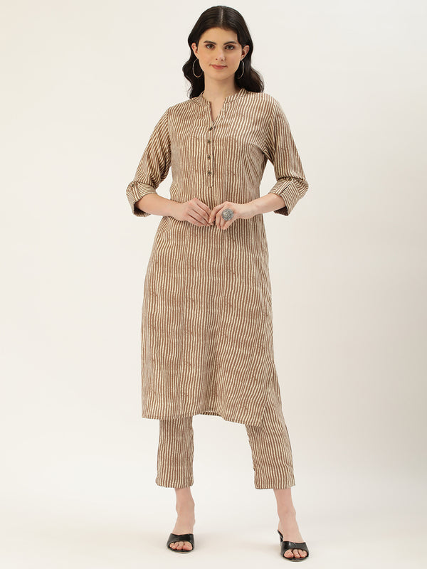 A stylish kurta featuring alternating beige and off-white stripes, perfect for casual or semi-formal occasions