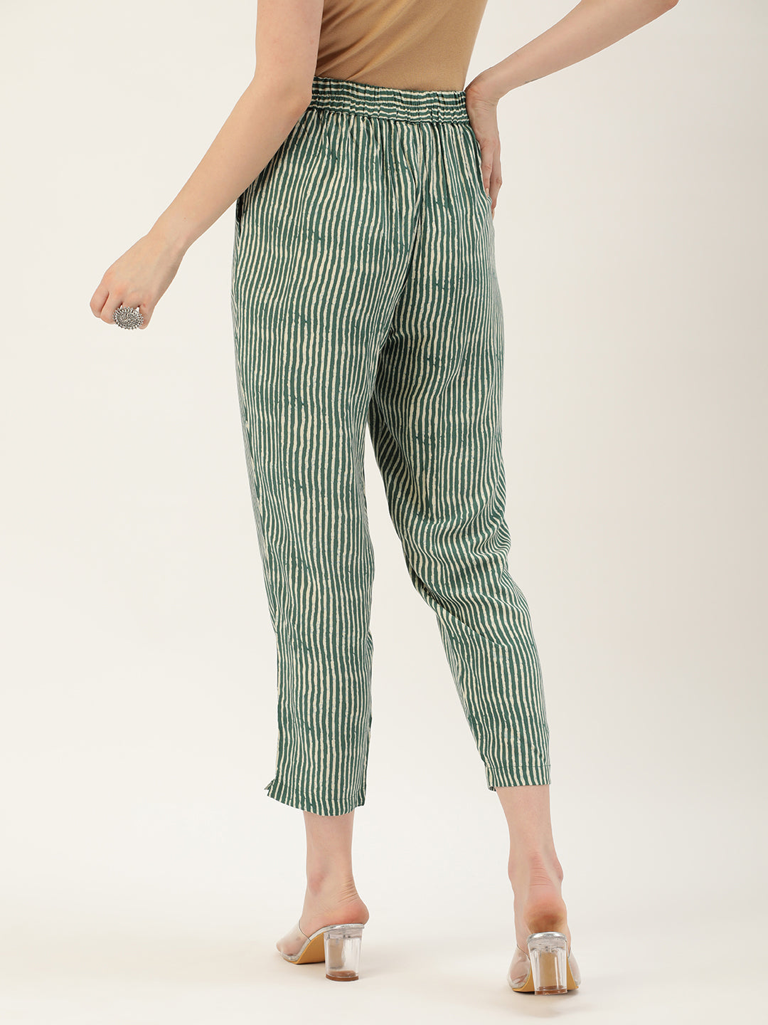 Green Striped Slim Fit Pencil Pant Amukti The Women s Ethnic