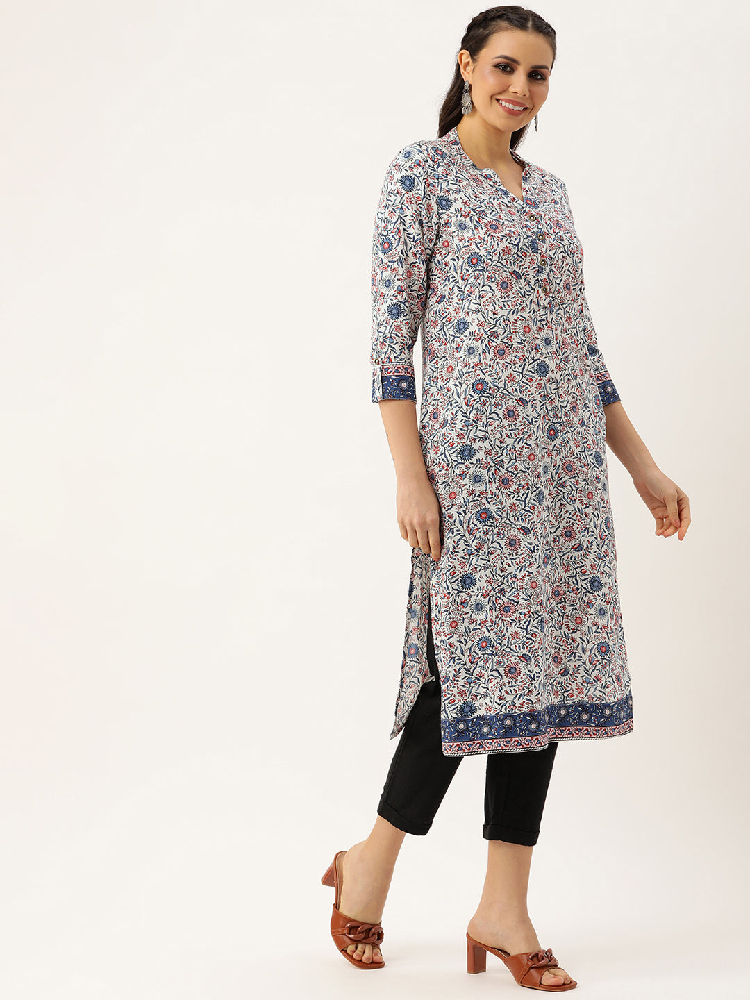 Floral Printed Mandarin Collar Kurta