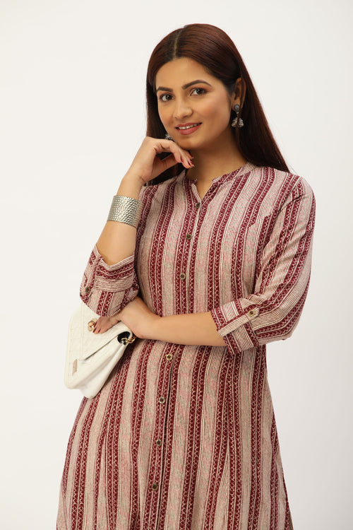 Wine Printed A-Line Kurta