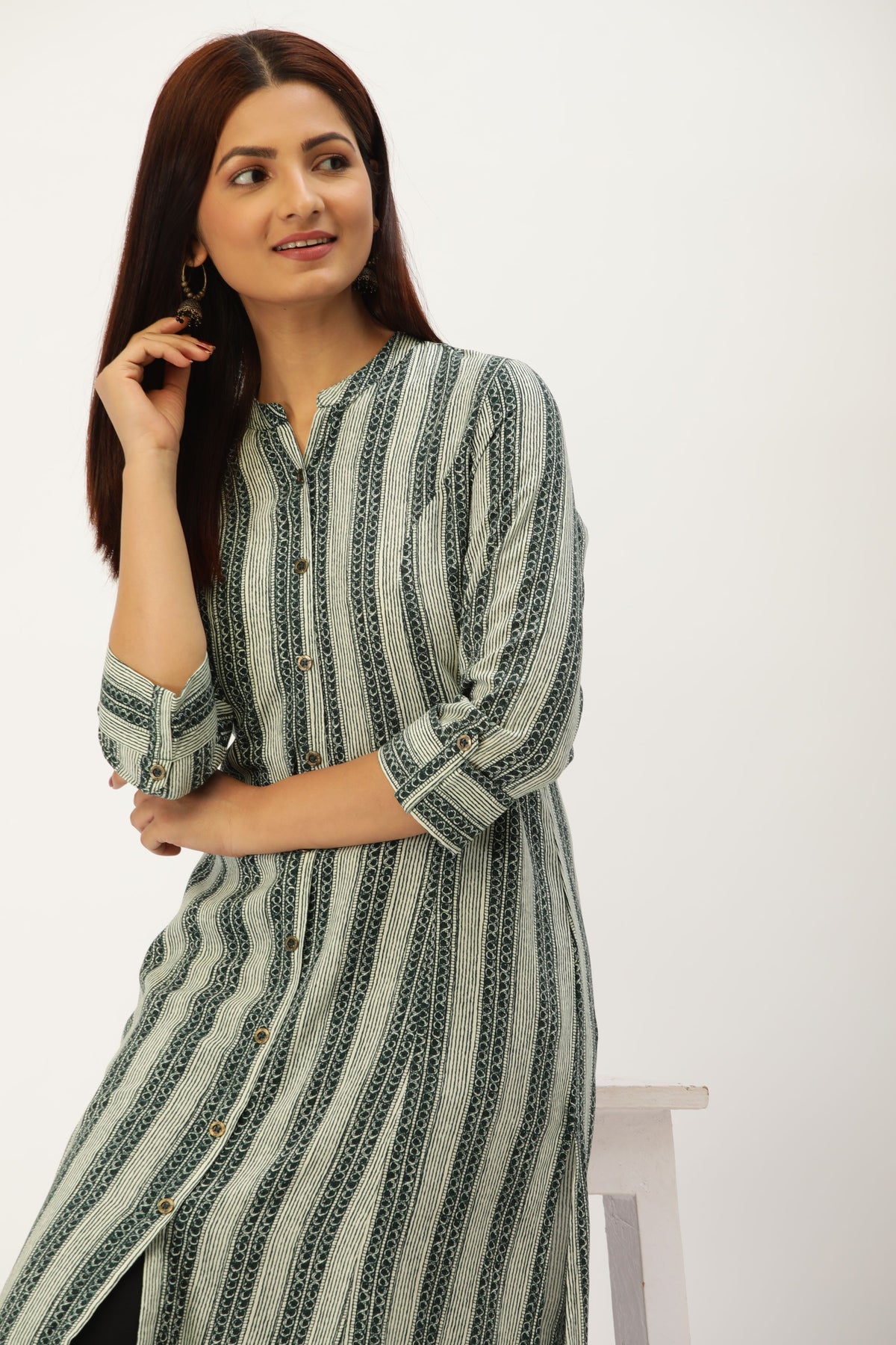 Green Printed A-Line Kurta