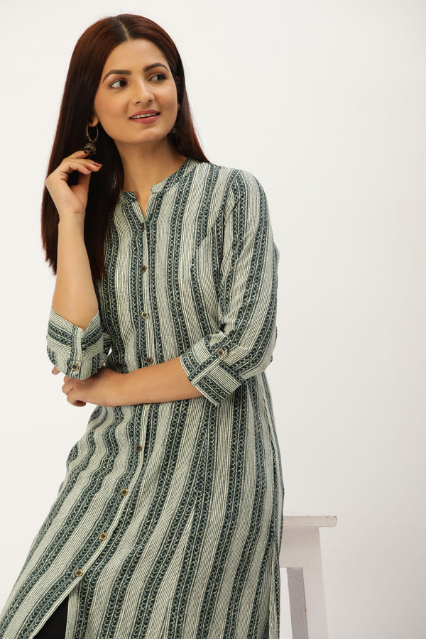 Green Printed A-Line Kurta