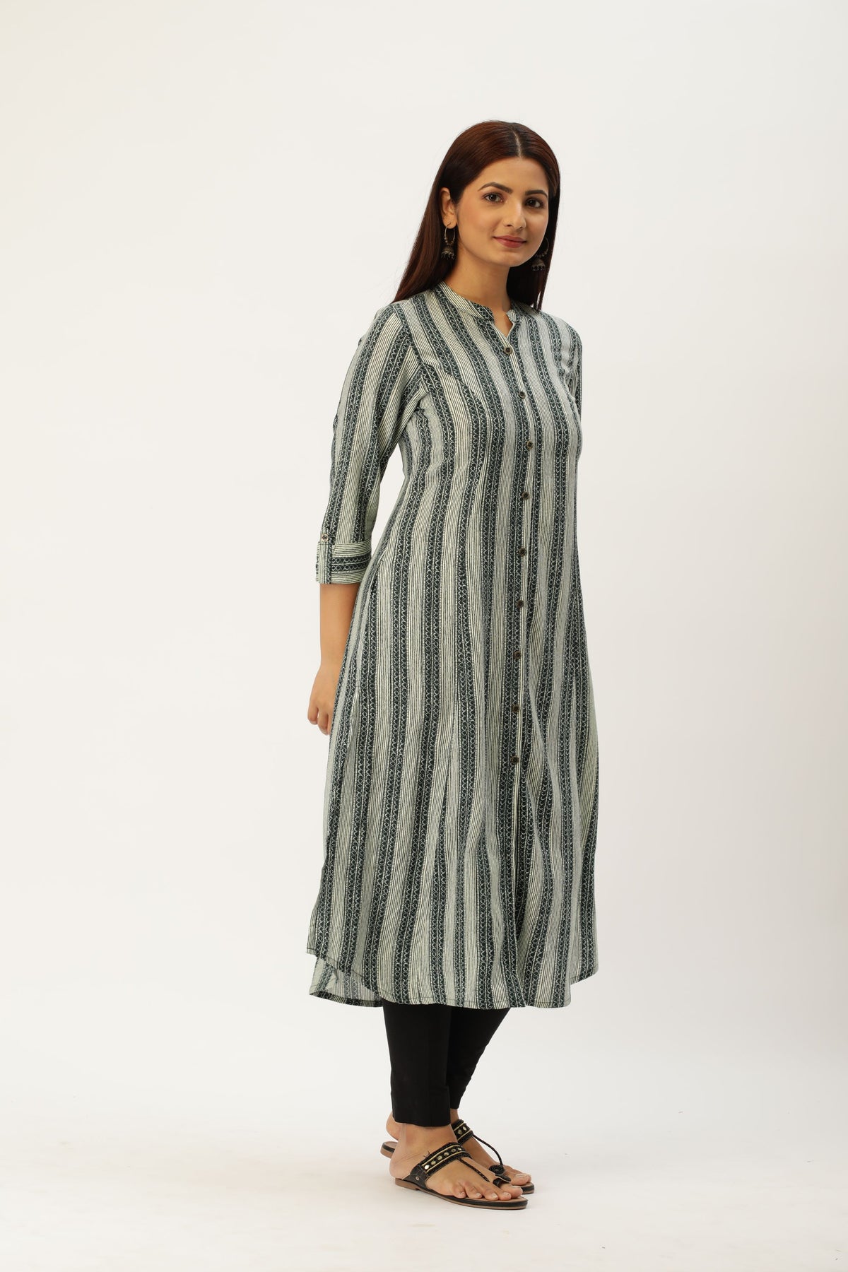 Green Printed A-Line Kurta