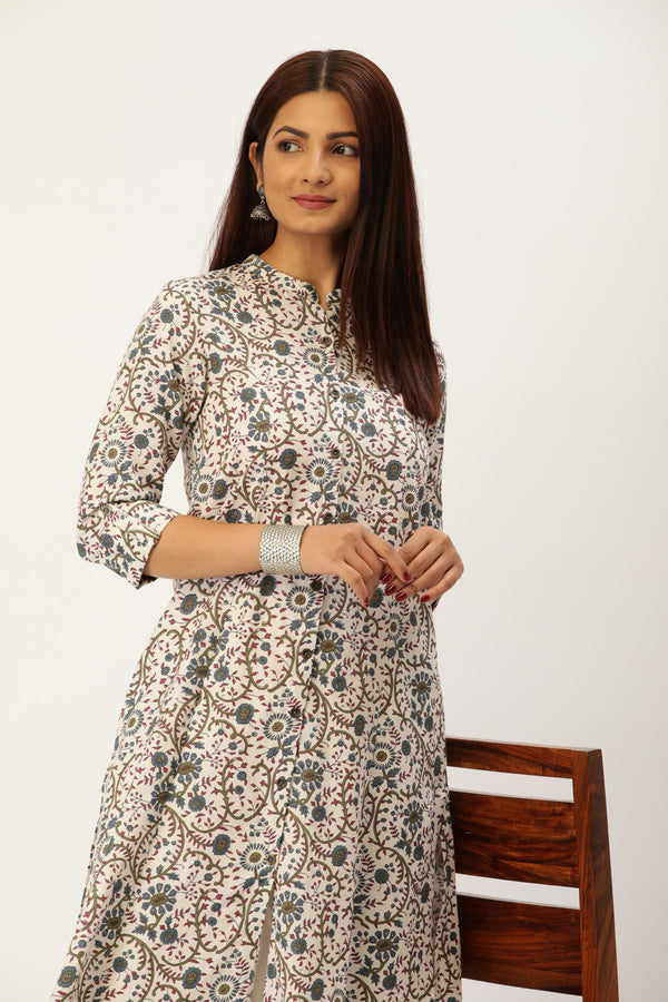 White Floral Printed A-Line Kurta