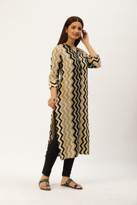 Beige & Black Zig Zag Print Straight Cut Kurta