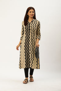 Beige & Black Zig Zag Print Straight Cut Kurta