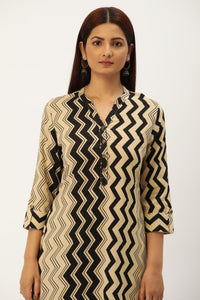 Beige & Black Zig Zag Print Straight Cut Kurta