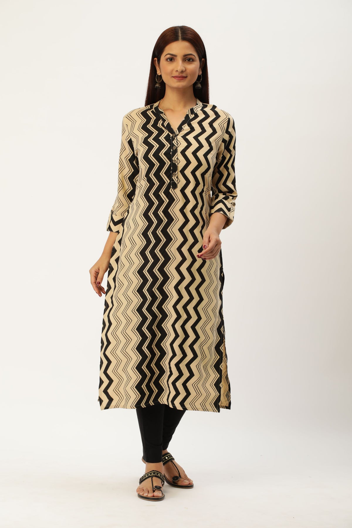 Black Zig Zag Print Straight Cut Kurta