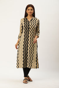 Beige & Black Zig Zag Print Straight Cut Kurta