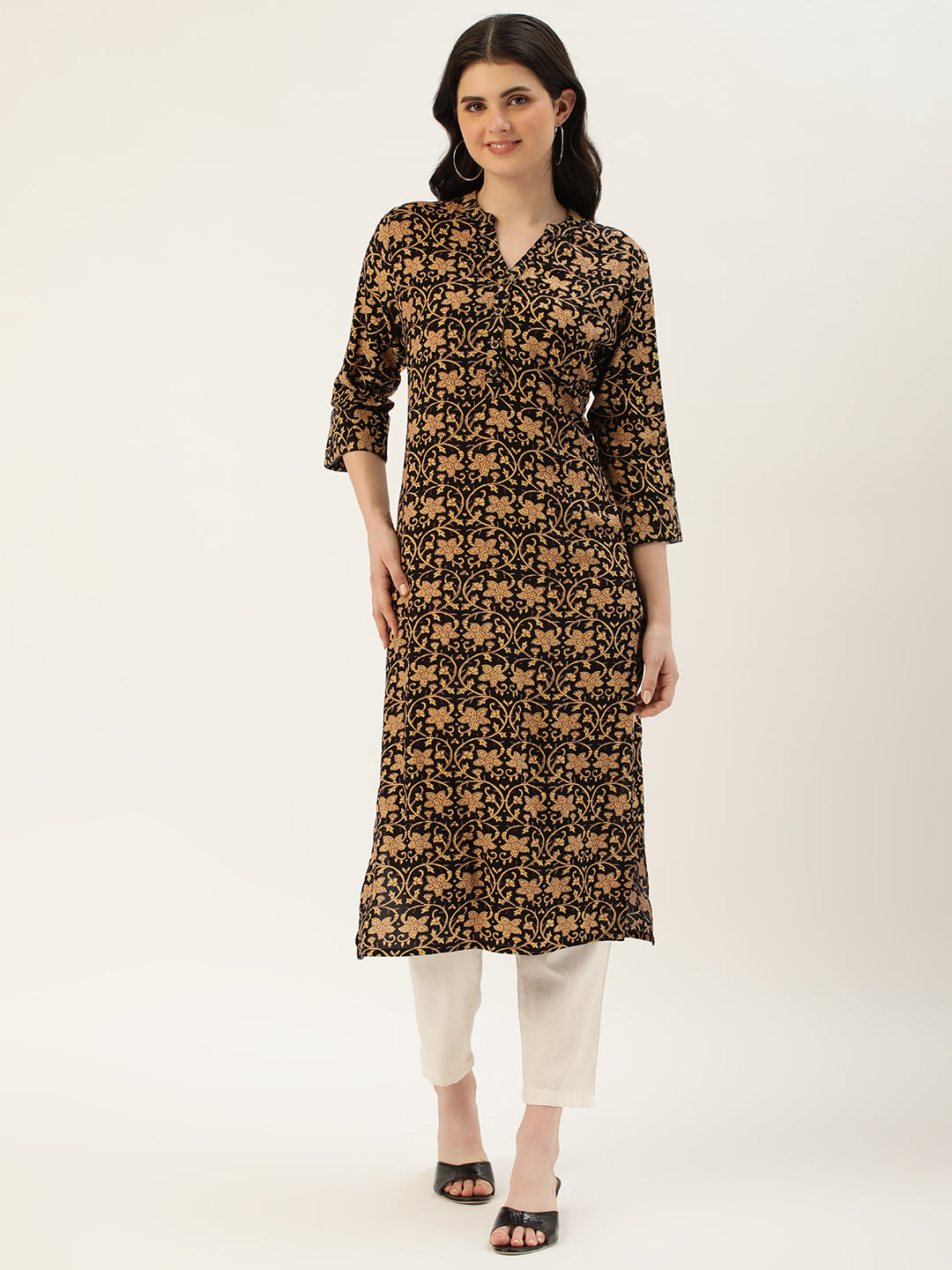 Black & Brown Floral Printed Rayon Kurta