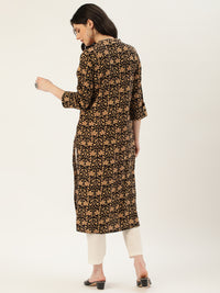 Black & Brown Floral Printed Rayon Kurta