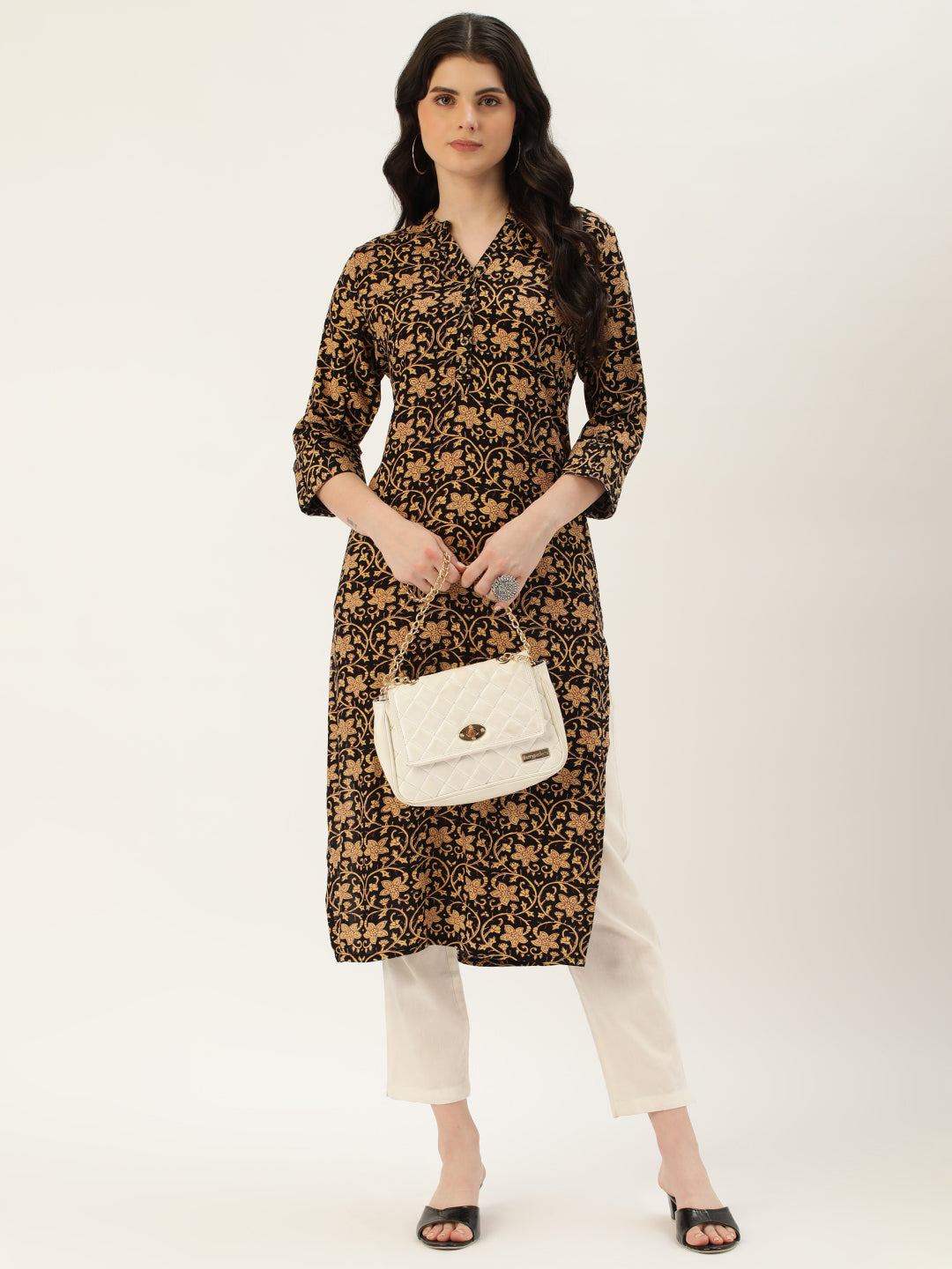 Black & Brown Floral Printed Rayon Kurta