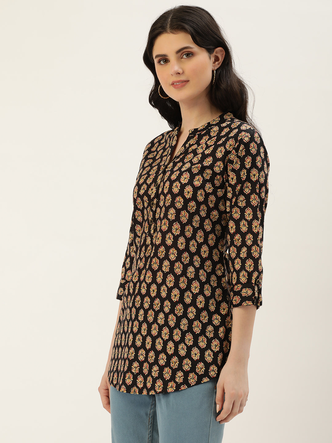 Black Mandarin Collar Printed Ethnic Tunic