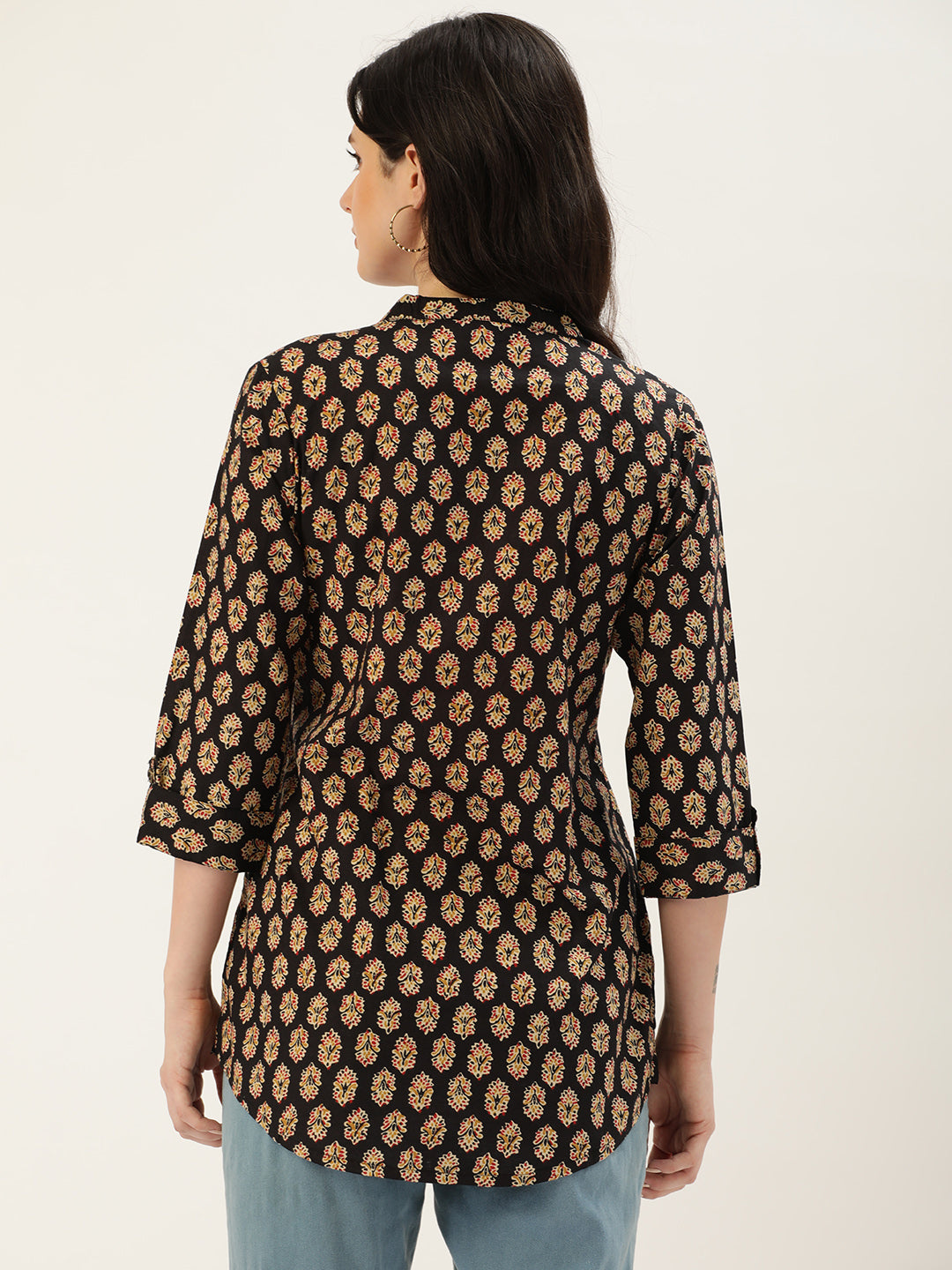 Black Mandarin Collar Printed Ethnic Tunic