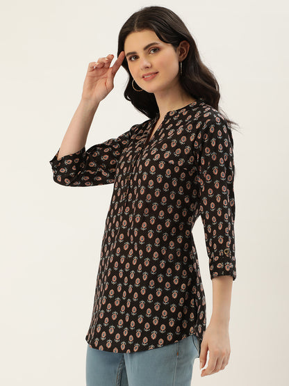 Black Mandarin Collar Printed Tunic