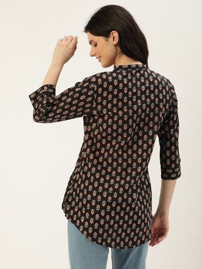 Black Mandarin Collar Printed Tunic