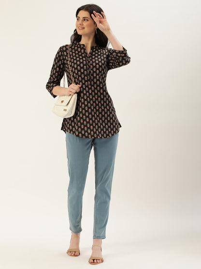 Black Mandarin Collar Printed Tunic