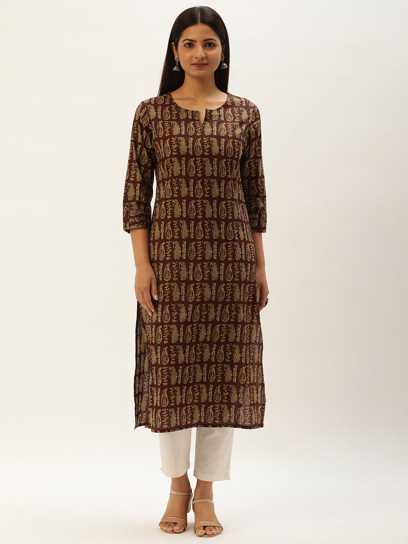 Maroon & Beige Paisley Printed Straight  Kurta