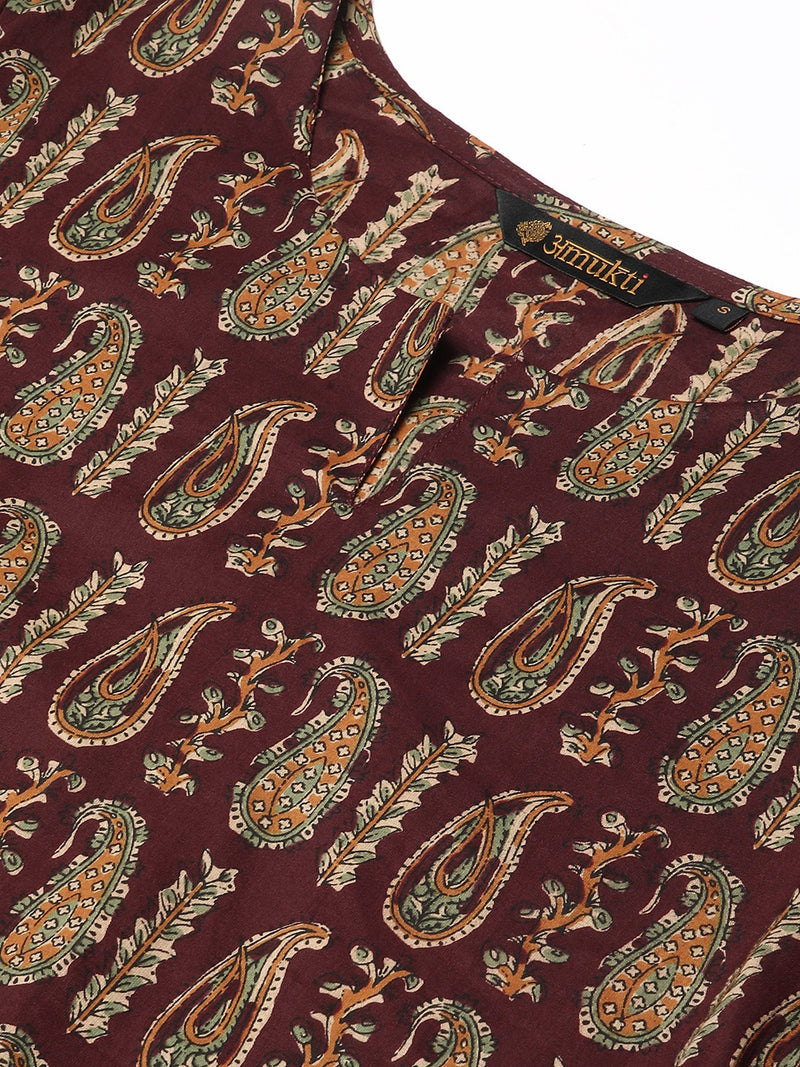 Maroon & Beige Paisley Printed Straight  Kurta