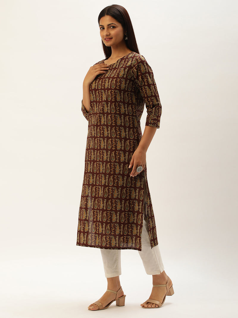 Maroon & Beige Paisley Printed Straight  Kurta