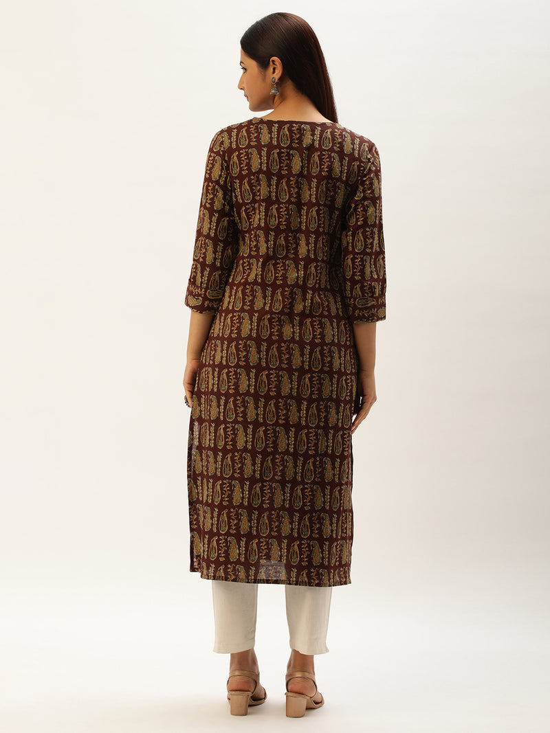 Maroon & Beige Paisley Printed Straight  Kurta