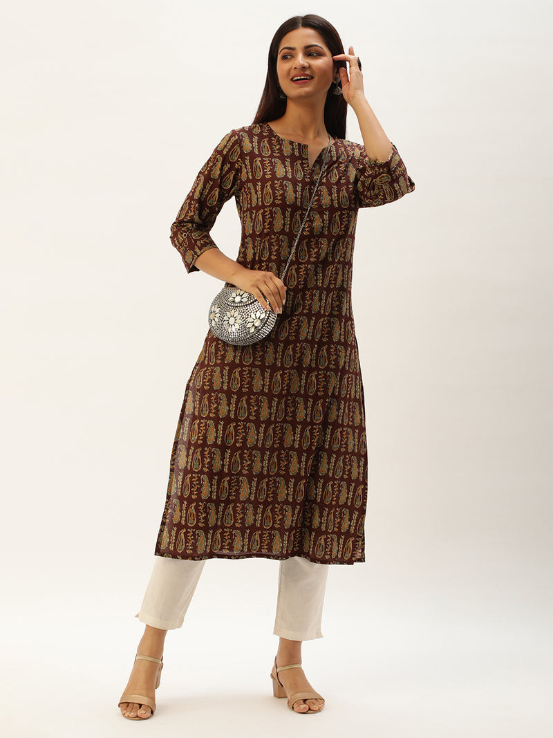 Maroon & Beige Paisley Printed Straight  Kurta