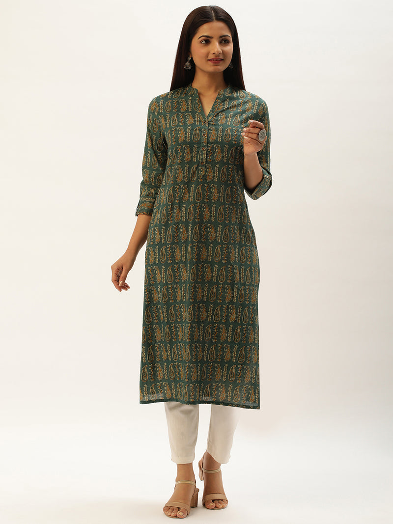 Green & Beige Paisley Printed Straight  Kurta