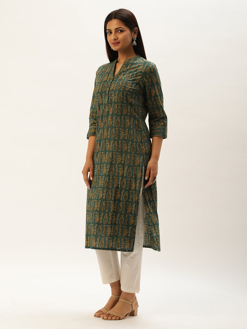 Green & Beige Paisley Printed Straight  Kurta