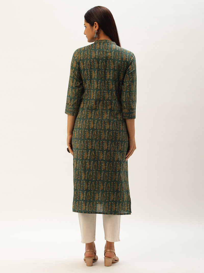Green & Beige Paisley Printed Straight  Kurta