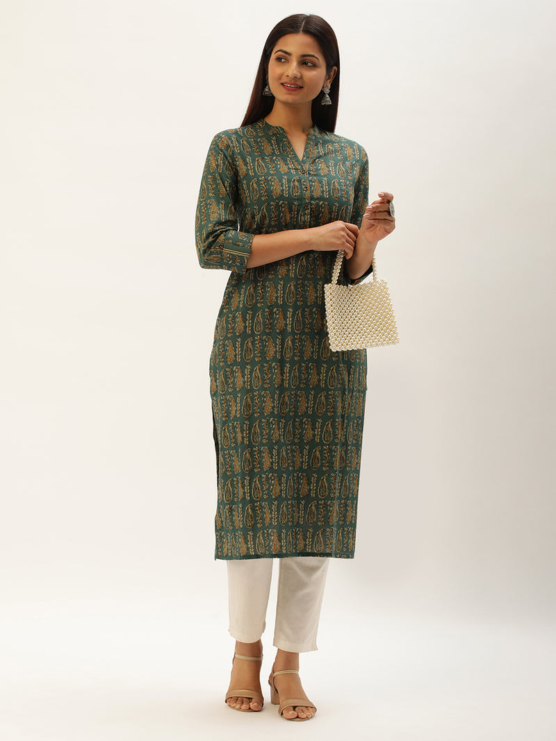 Green & Beige Paisley Printed Straight  Kurta