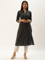 Black & Grey Floral Printed Straight Kurta