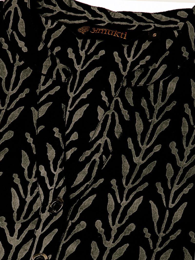 Black & Grey Floral Printed Straight Kurta