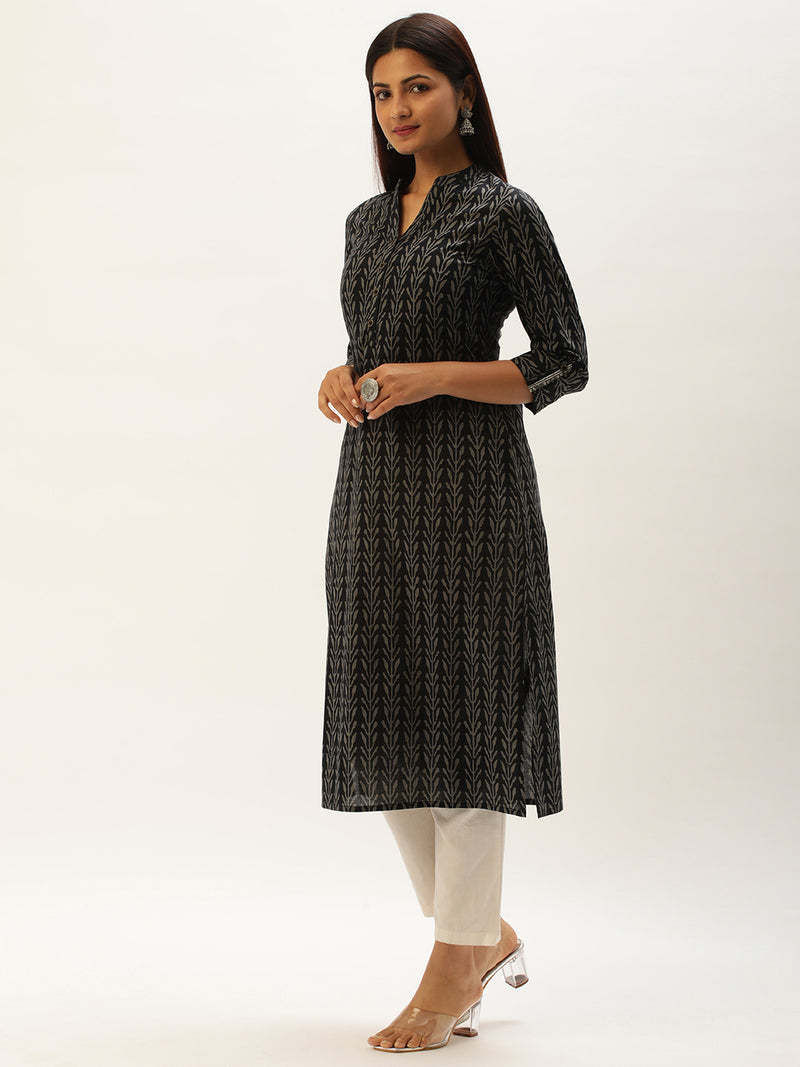 Black & Grey Floral Printed Straight Kurta