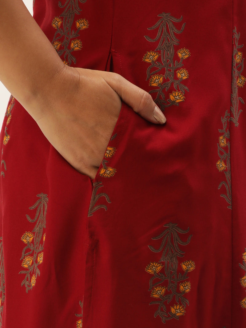 Red  Floral Printed A-Line Kurta