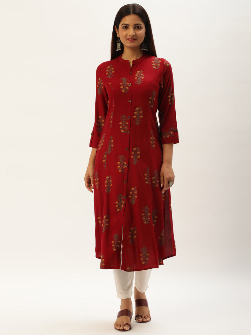 Red  Floral Printed A-Line Kurta