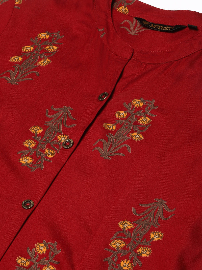 Red  Floral Printed A-Line Kurta