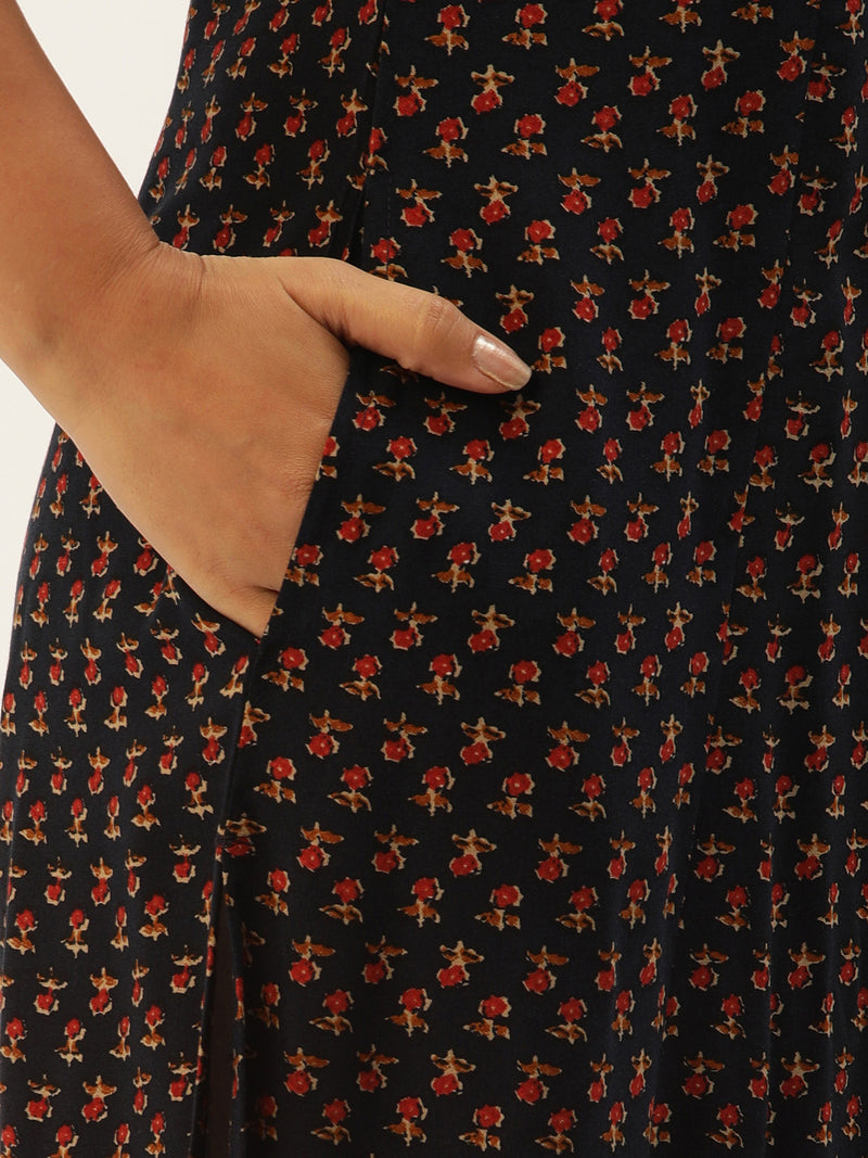 Blue Floral Printed A-Line Kurta
