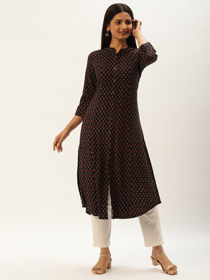 Blue Floral Printed A-Line Kurta