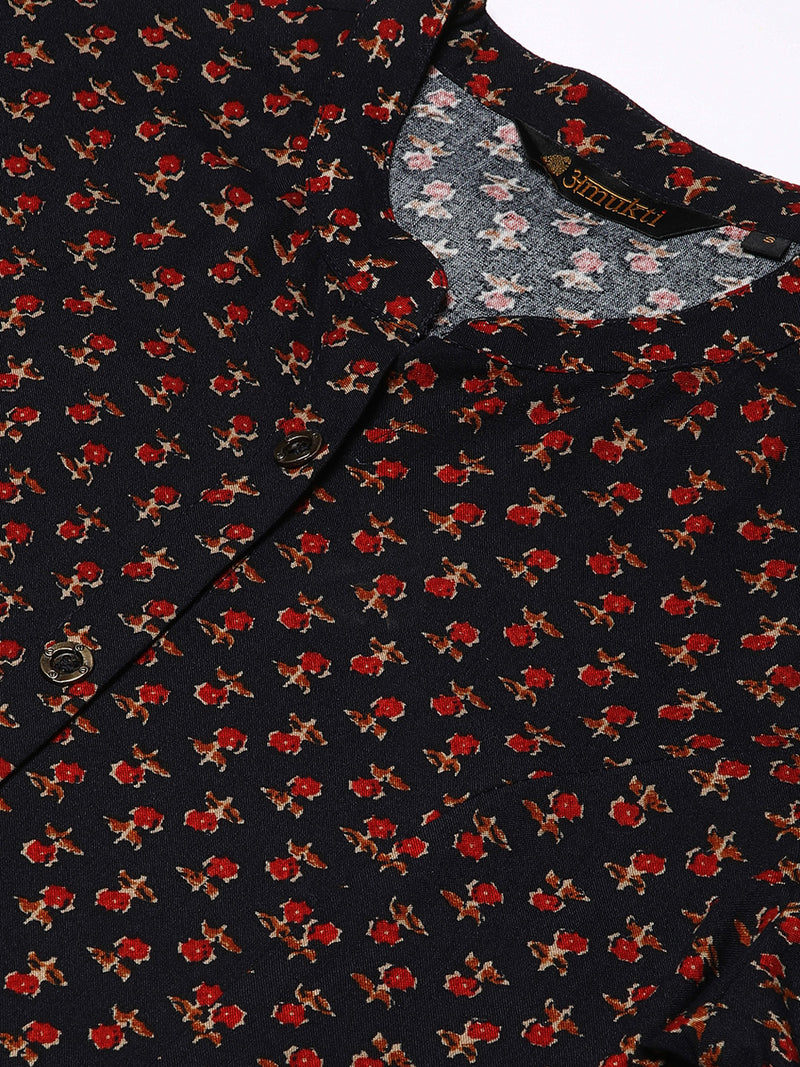 Blue Floral Printed A-Line Kurta