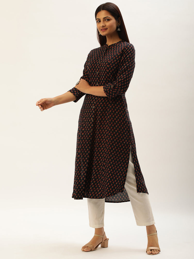 Blue Floral Printed A-Line Kurta