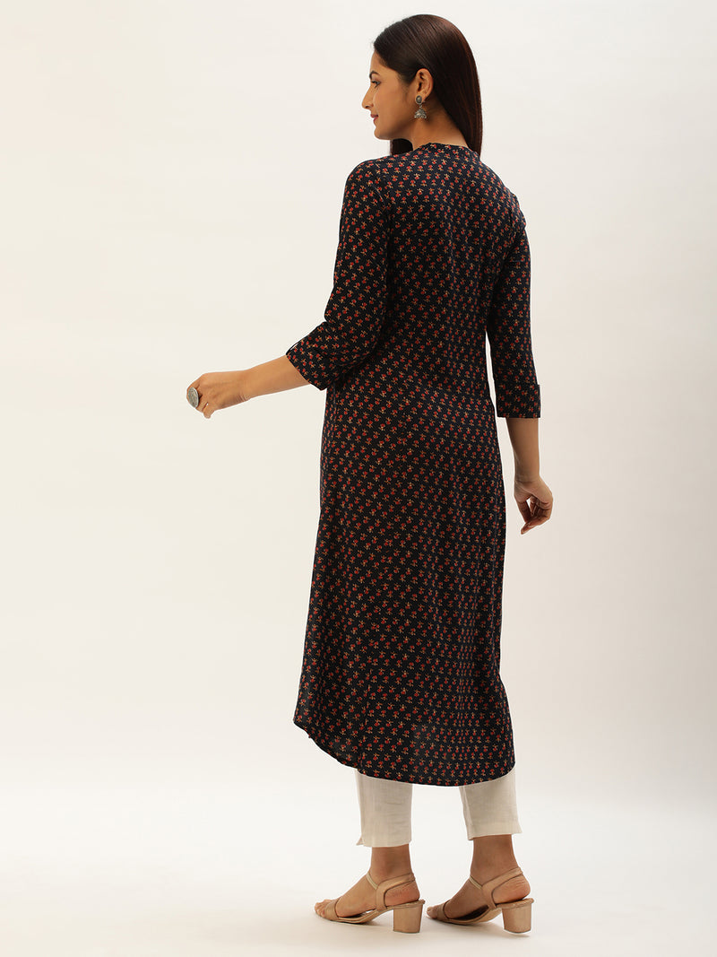 Blue Floral Printed A-Line Kurta