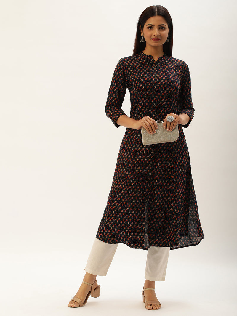 Blue Floral Printed A-Line Kurta