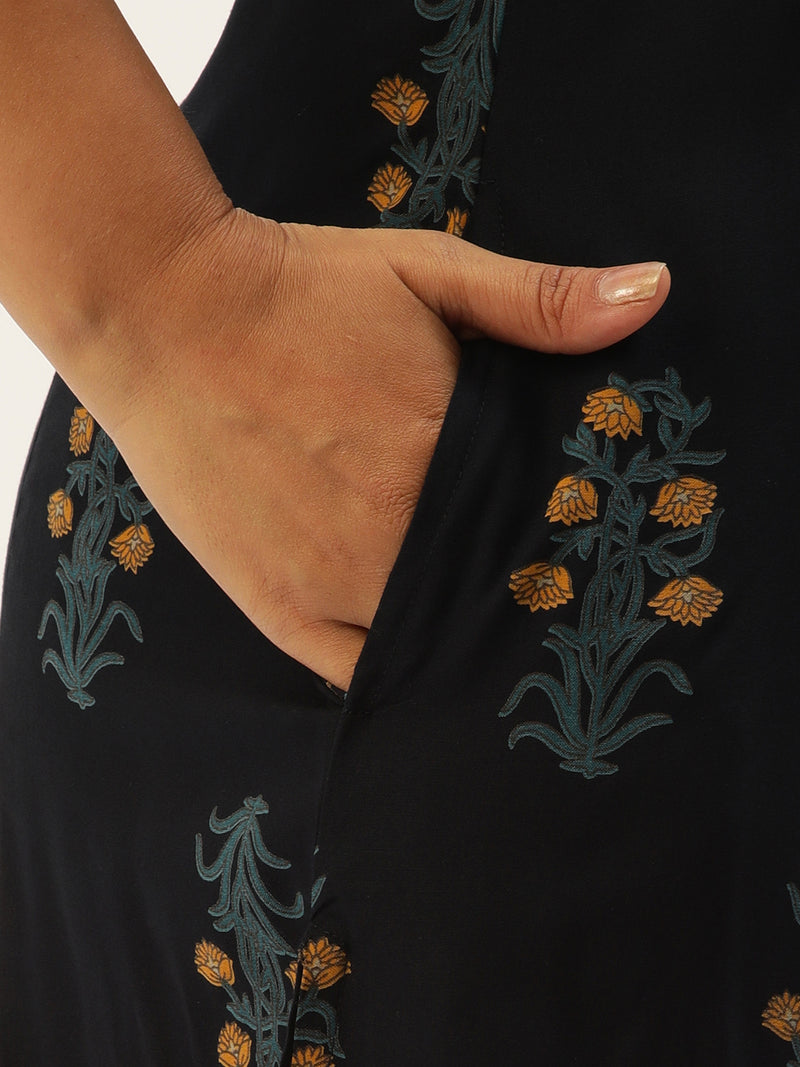 Blue Floral Printed A-Line Kurta