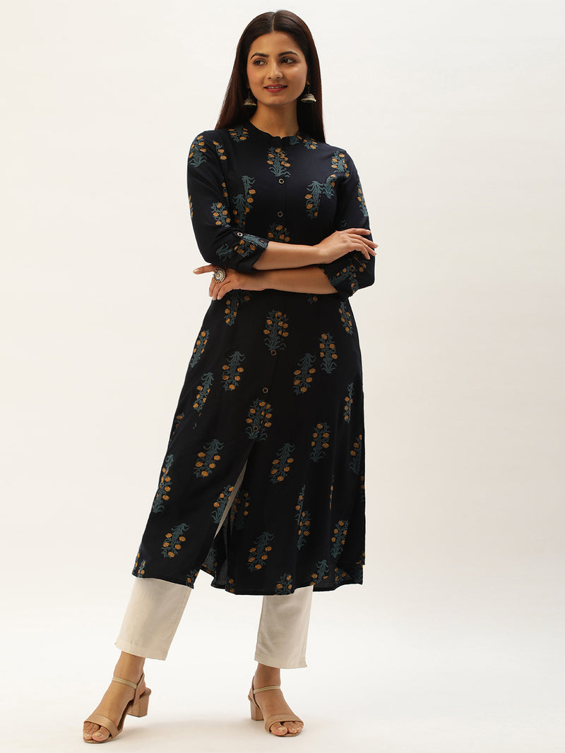 Blue Floral Printed A-Line Kurta