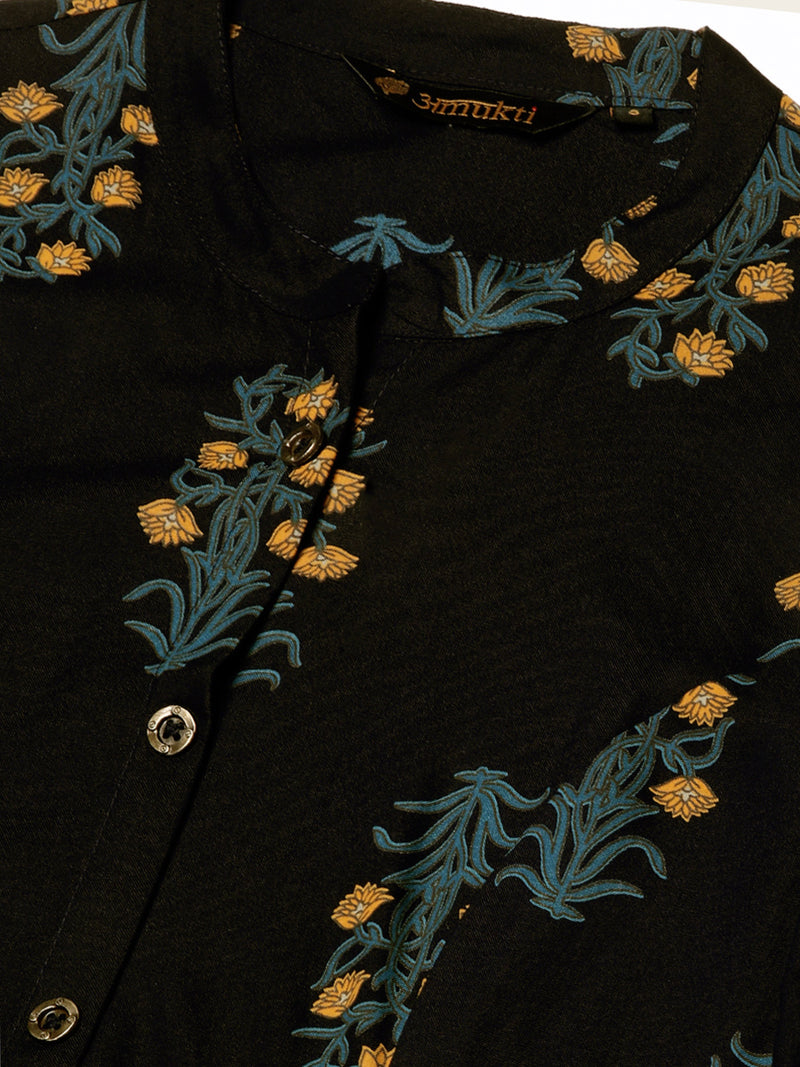 Blue Floral Printed A-Line Kurta