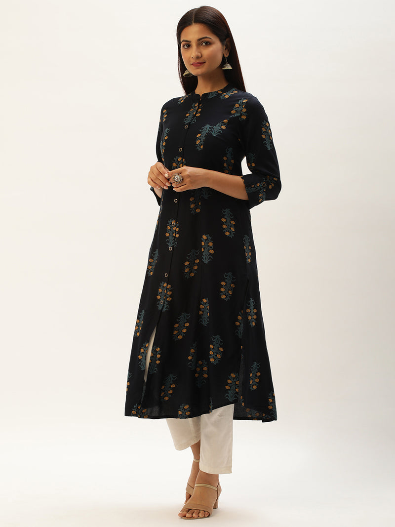 Blue Floral Printed A-Line Kurta