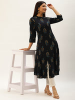 Blue Floral Printed A-Line Kurta