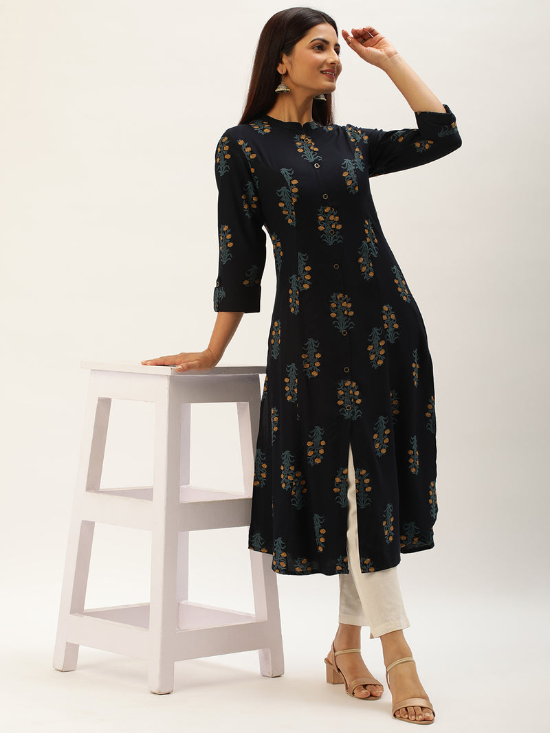 Blue Floral Printed A-Line Kurta