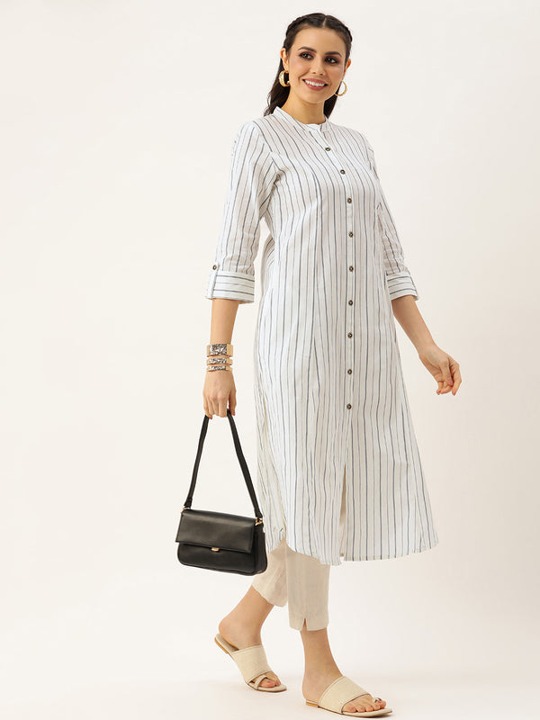 White & Blue Striped A-Line Kurta with a pocket 