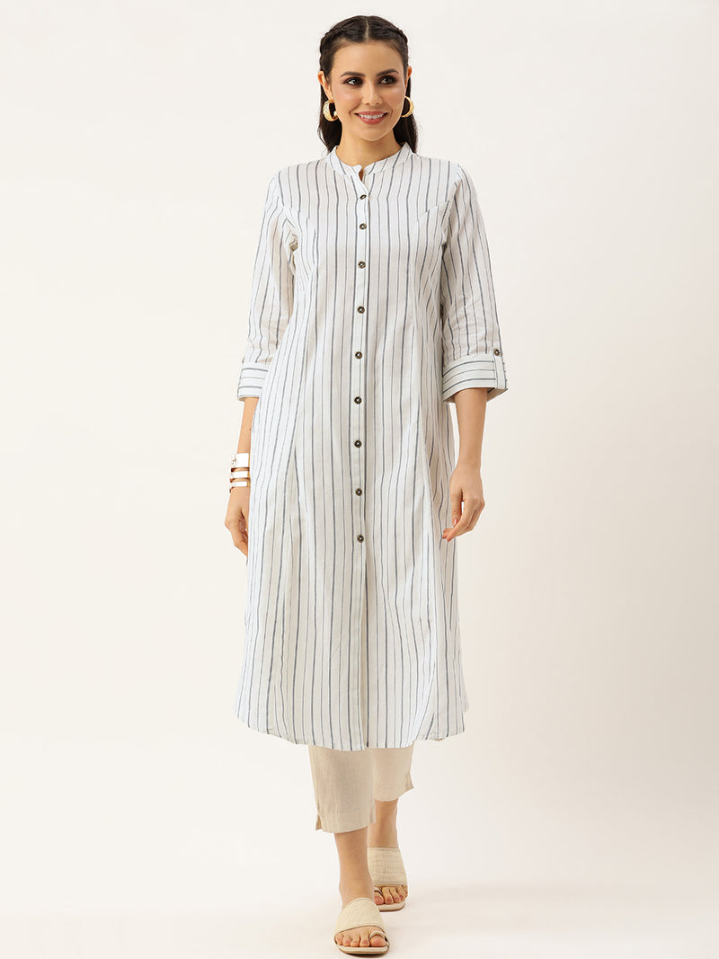 White & Black Striped A-Line Kurta